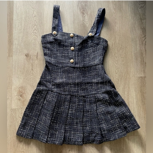 Francescas jaime navy blue tweed square neck pleated mini party dress Large NEW - Picture 3 of 5